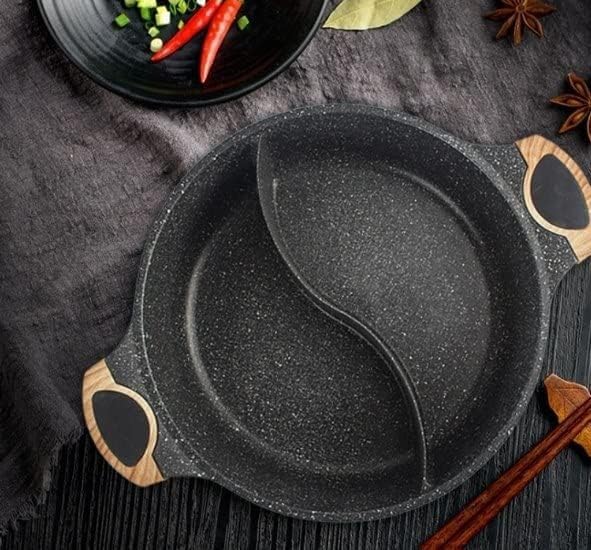 Granite Divider Cooking Pot with Pyrex Glass Lid & Wooden Handles