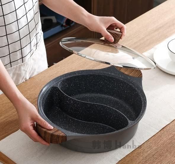 Granite Divider Cooking Pot with Pyrex Glass Lid & Wooden Handles