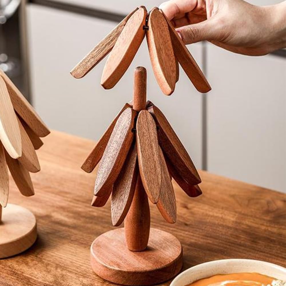 Wooden Tree-Shaped Trivet & Coaster Set – Bamboo Heat Resistant Table Protector