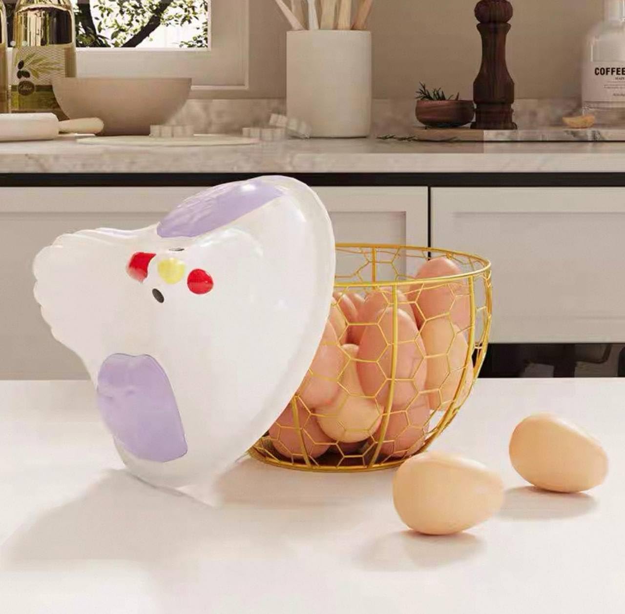Stylish Chicken Decorative Egg Basket – Metal Storage Organizer with Lid