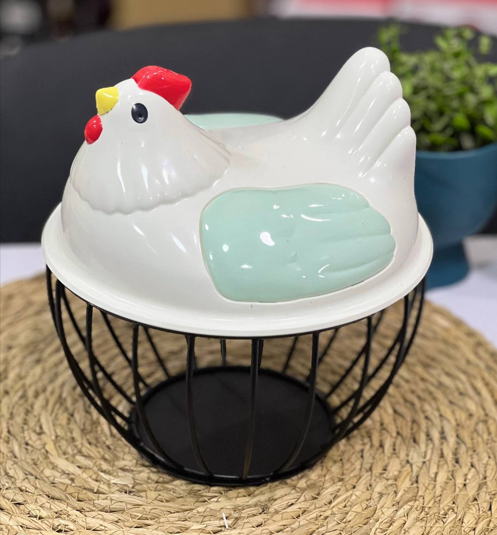 Stylish Chicken Decorative Egg Basket – Metal Storage Organizer with Lid