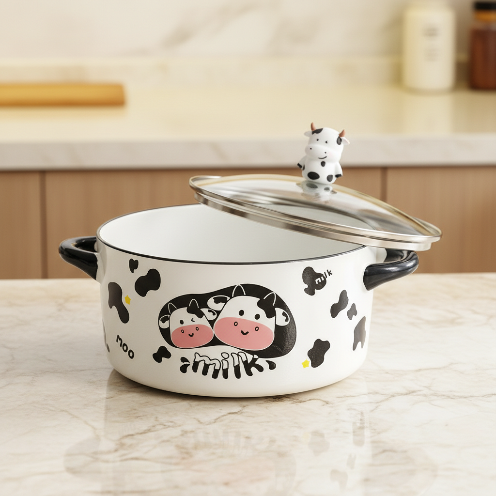 Porcelain Cooking Pot with Glass Lid – Cute Cow Design