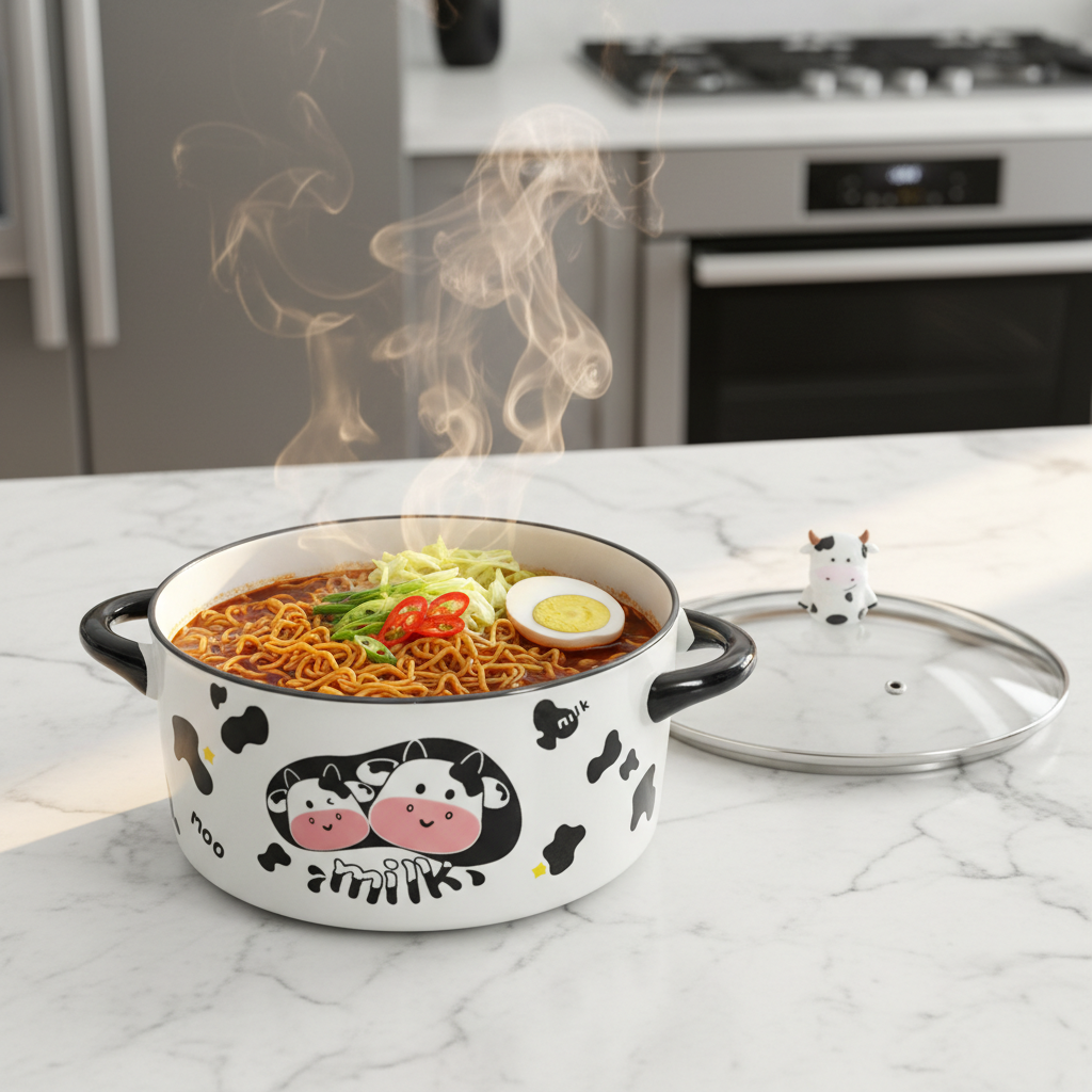 Porcelain Cooking Pot with Glass Lid – Cute Cow Design