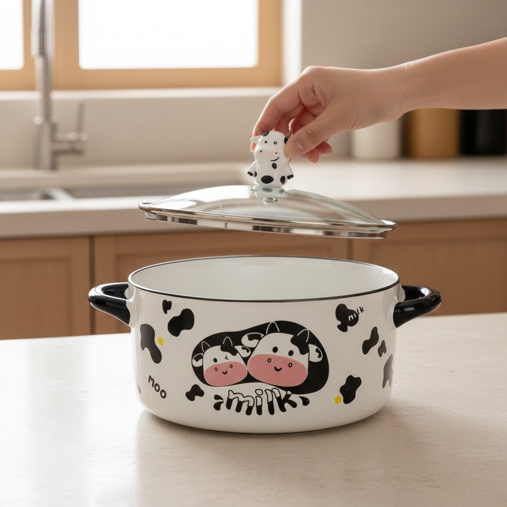 Porcelain Cooking Pot with Glass Lid – Cute Cow Design