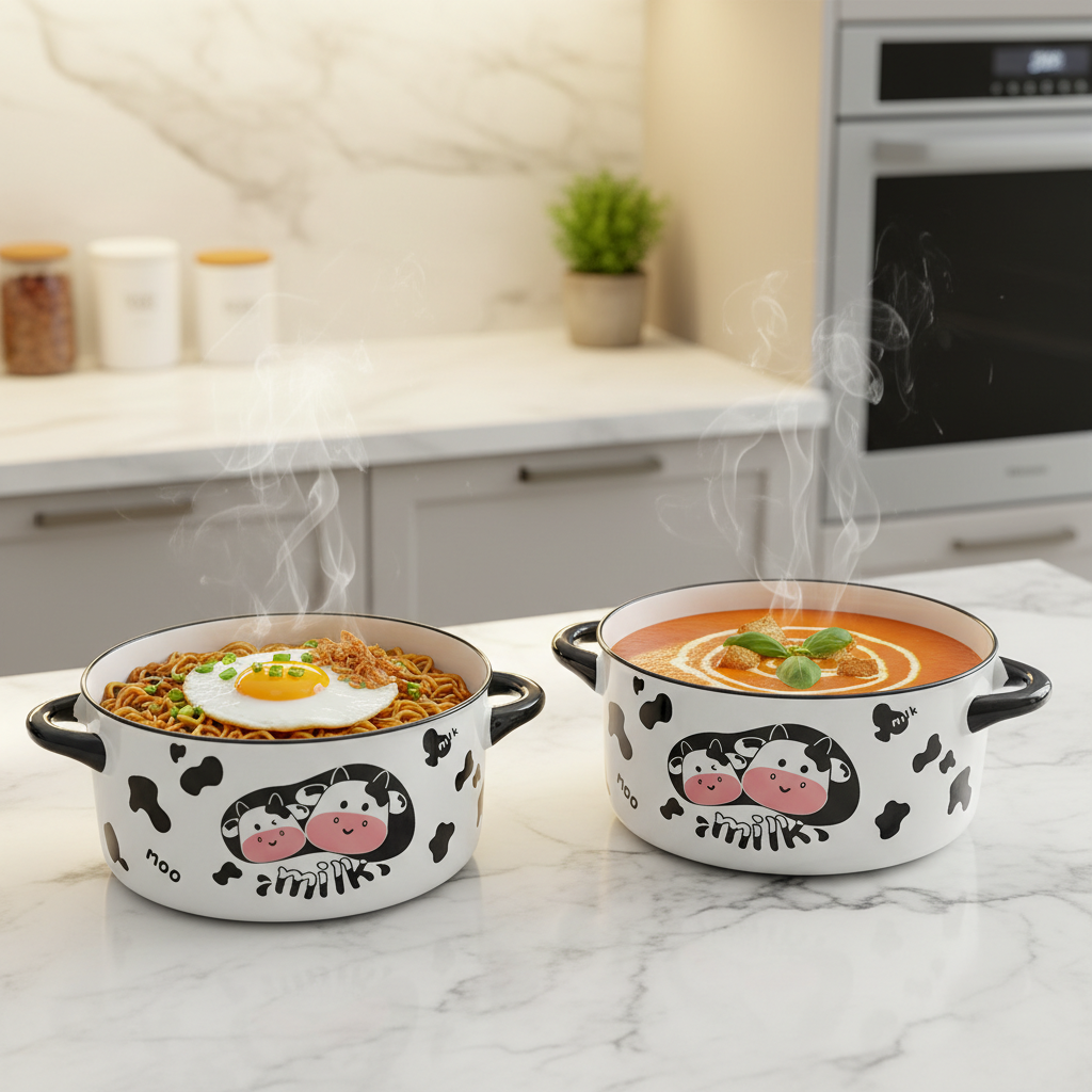 Porcelain Cooking Pot with Glass Lid – Cute Cow Design
