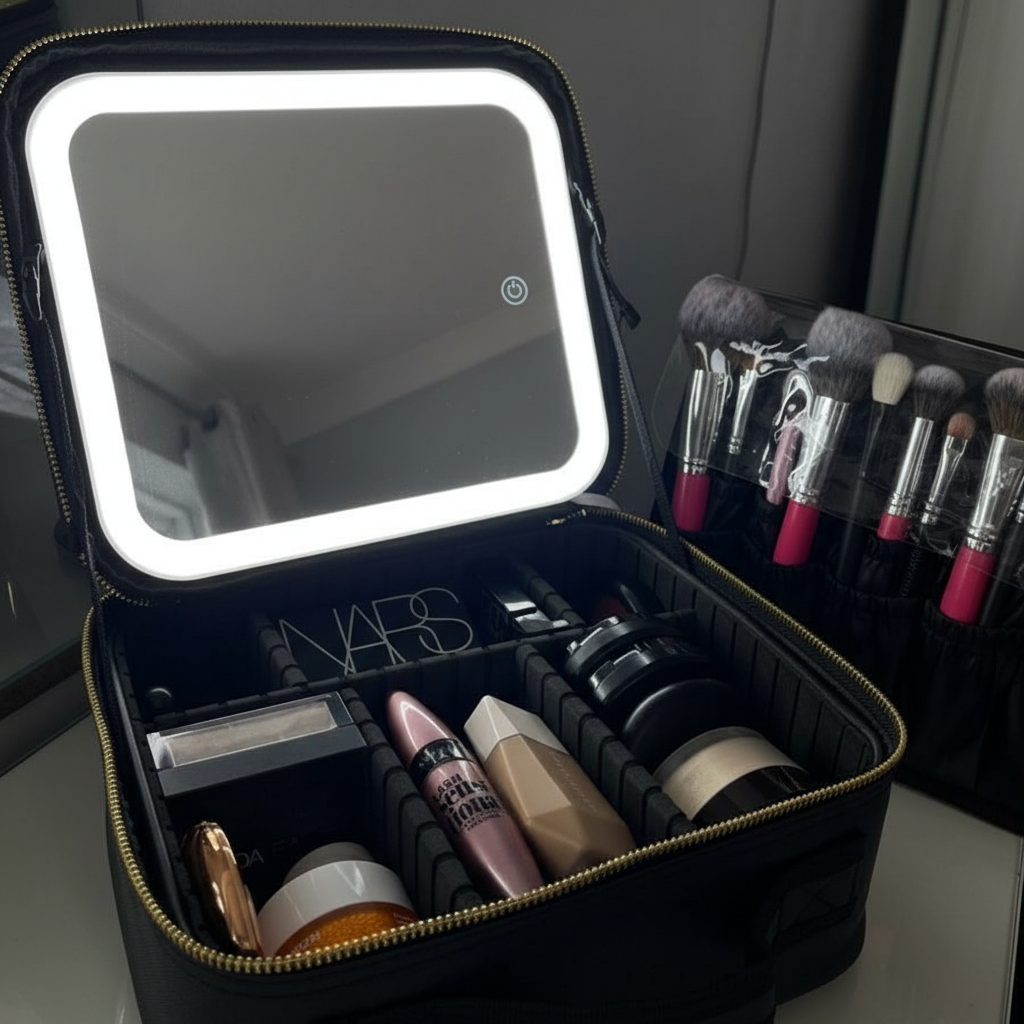 Travel Makeup Case with LED Lighted Mirror – Adjustable Dividers Cosmetic Bag