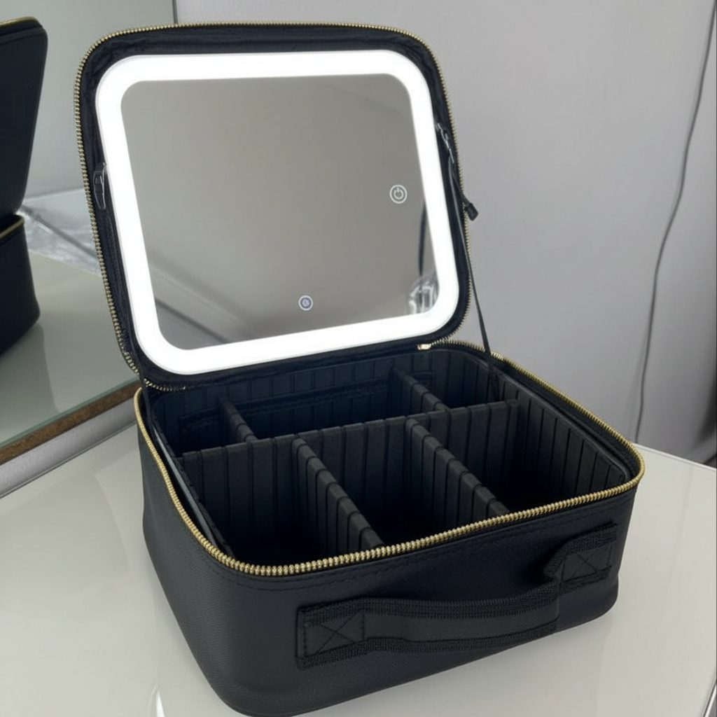 Travel Makeup Case with LED Lighted Mirror – Adjustable Dividers Cosmetic Bag