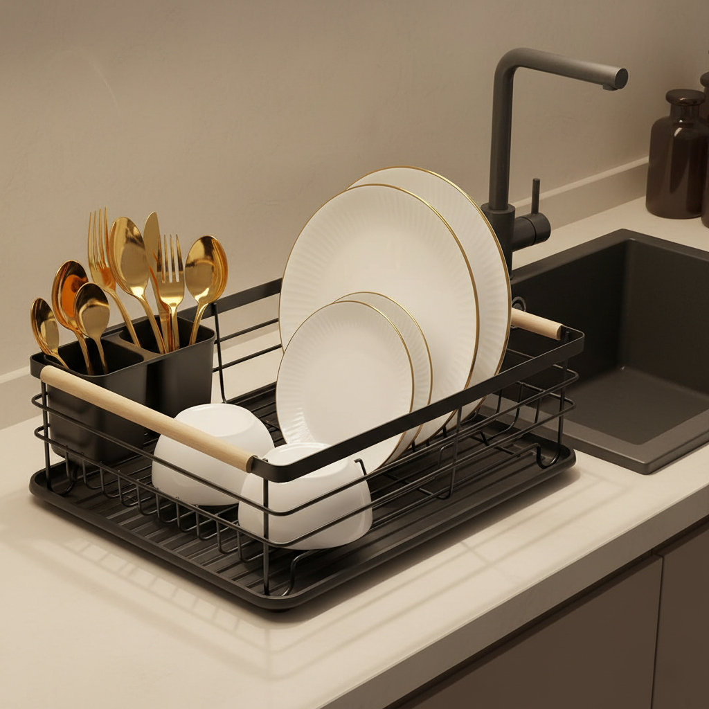 Metal Dish Drying Rack & Cutlery Organizer – Black Galvanized Steel