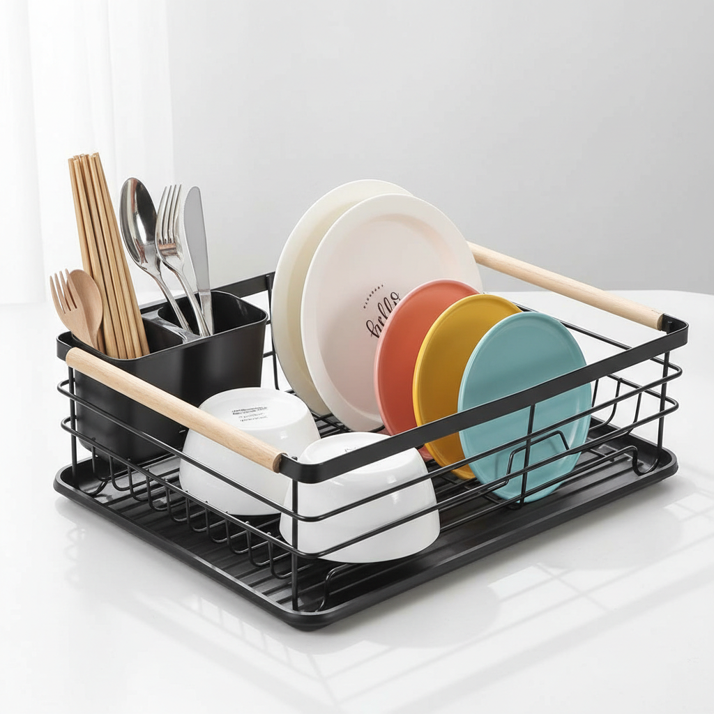 Metal Dish Drying Rack & Cutlery Organizer – Black Galvanized Steel